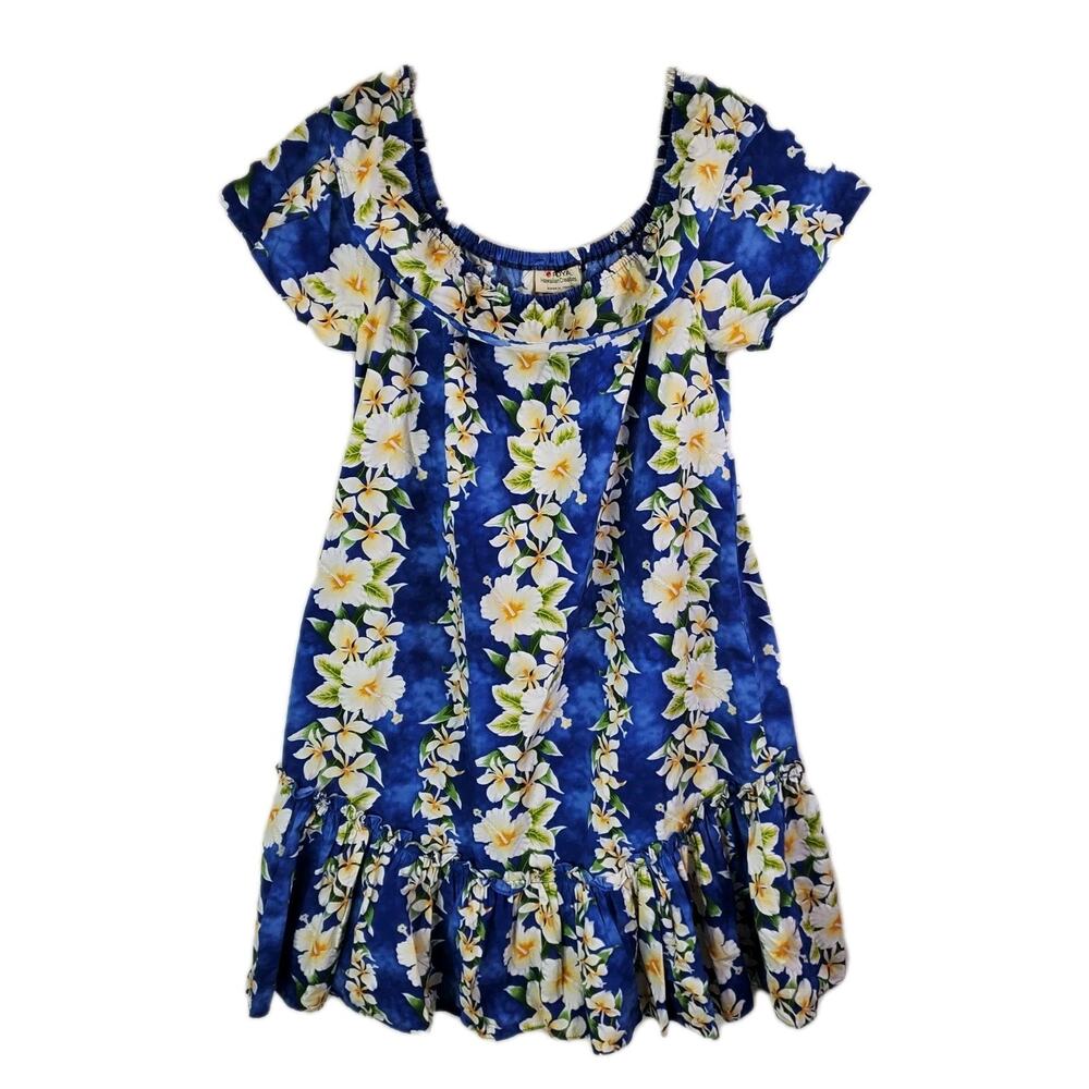 Royal Hawaiian Creations Blue Floral Muumuu Luana Midi Dress Hawaii Sz Medium